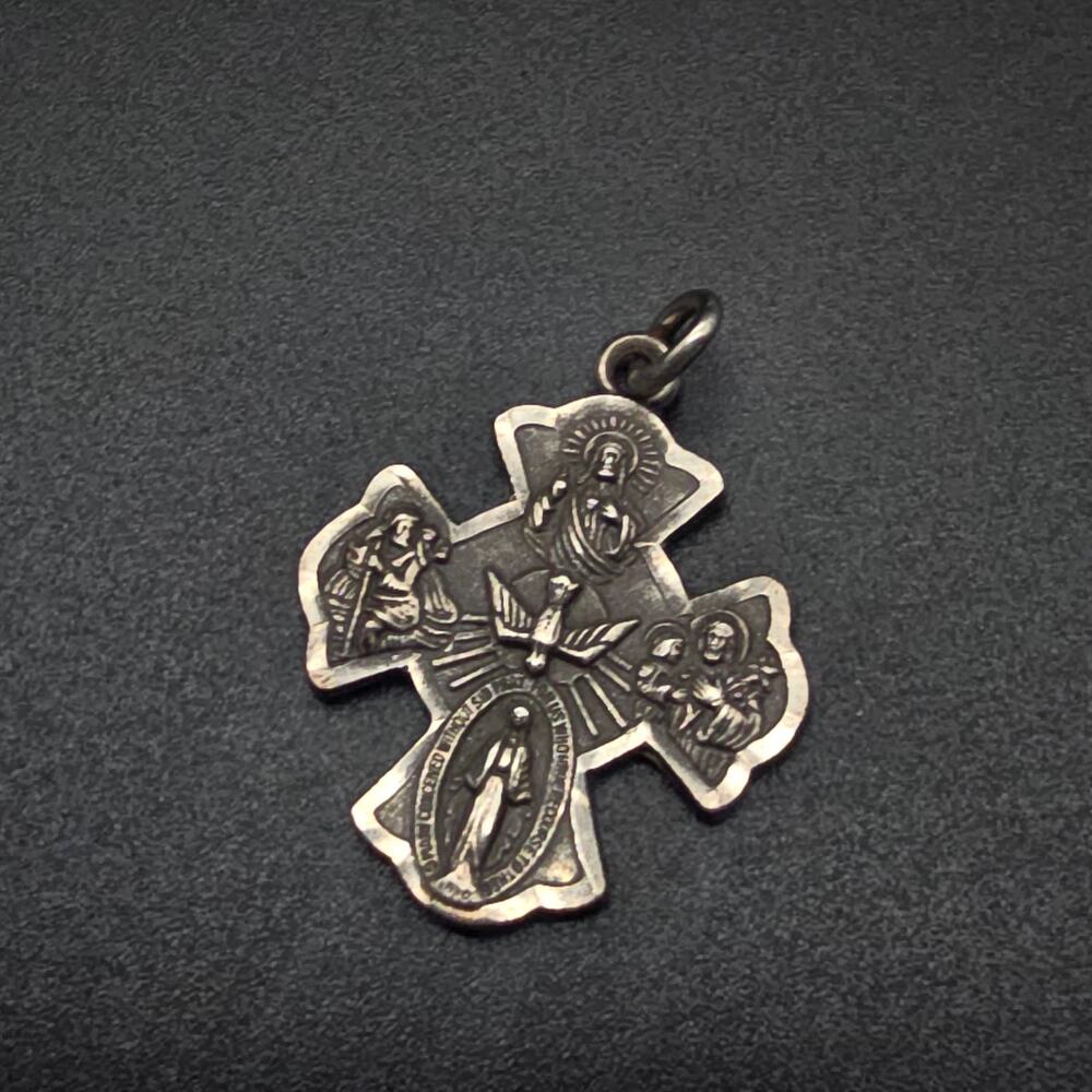 Sterling Silver Four Way Cross Medal Pendant Charm Vintage Religious Jewelry